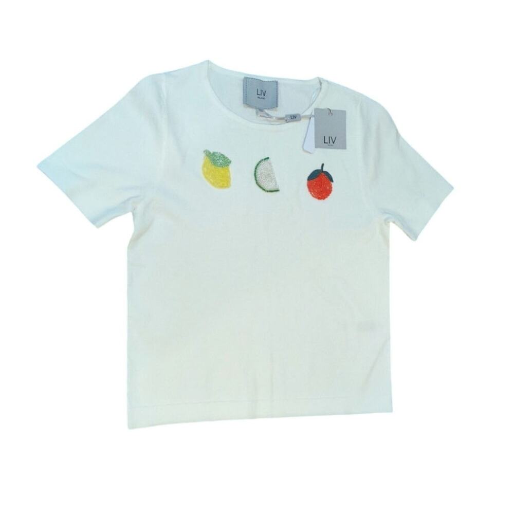 Liv Milano White Knit Short Sleeve Fruit Beaded Top NWT